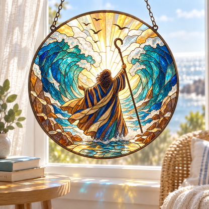 Moses Parting the Red Sea Stained Glass Suncatcher, Biblical Exodus Window Hanging, Christian Faith Decor, Religious Gift for Bible Lovers