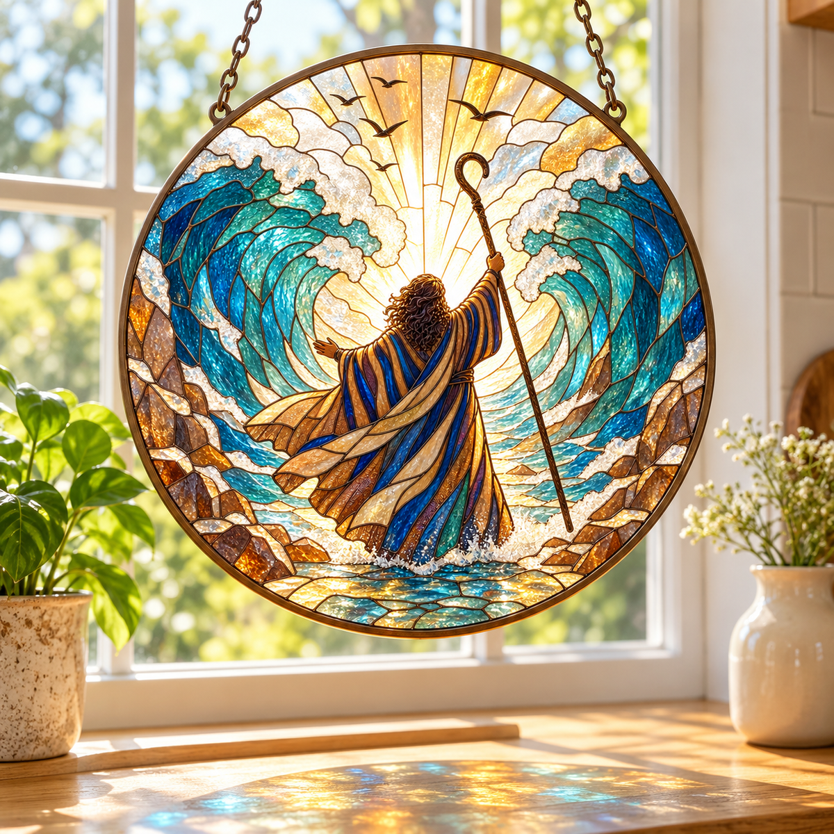 Moses Parting the Red Sea Stained Glass Suncatcher, Biblical Exodus Window Hanging, Christian Faith Decor, Religious Gift for Bible Lovers