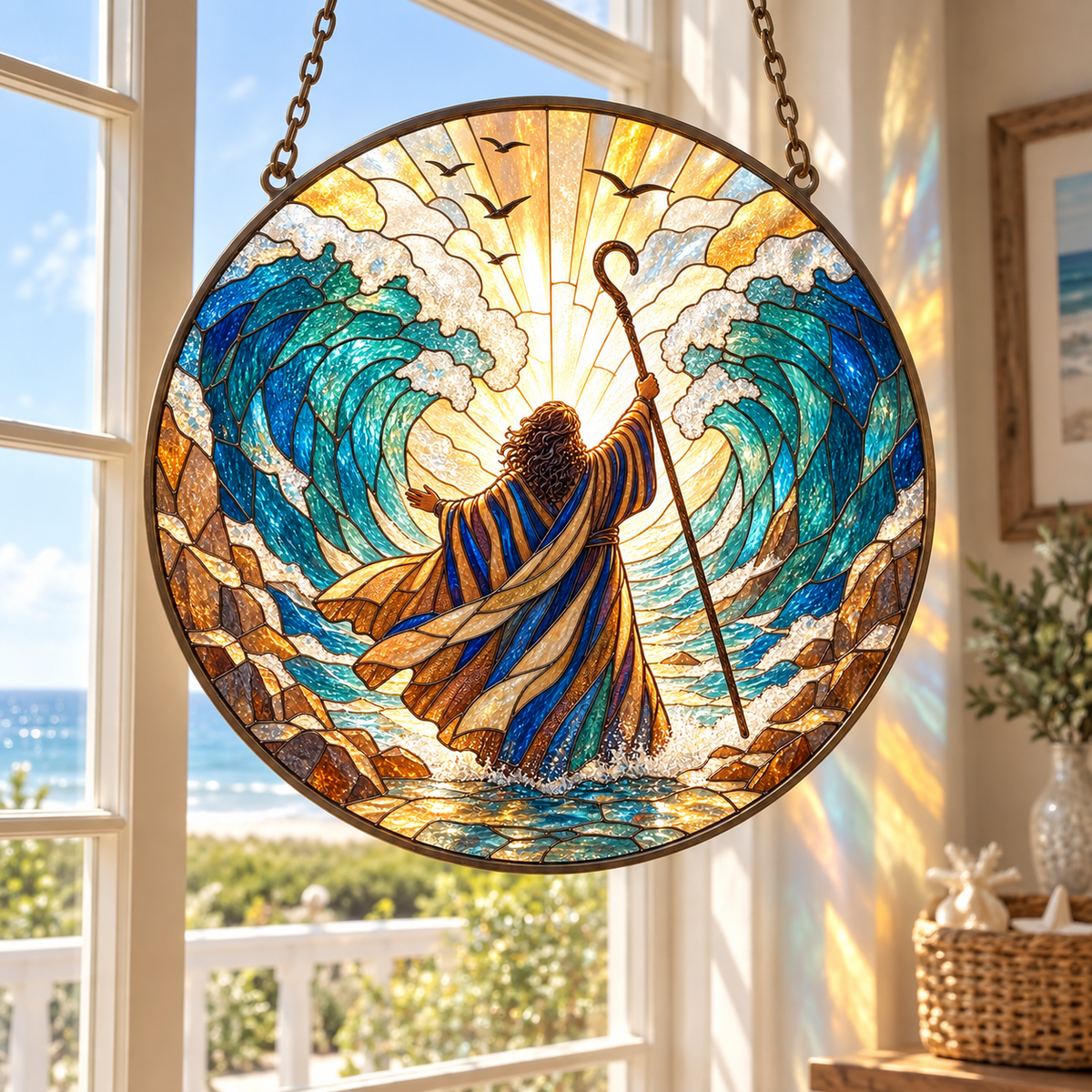 Moses Parting the Red Sea Stained Glass Suncatcher, Biblical Exodus Window Hanging, Christian Faith Decor, Religious Gift for Bible Lovers