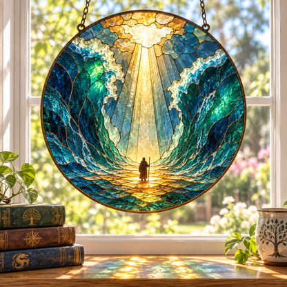 Moses Parting the Red Sea Suncatcher, Biblical Stained Glass Window Decor, Exodus Christian Gift, Faith Inspired Home Ornament