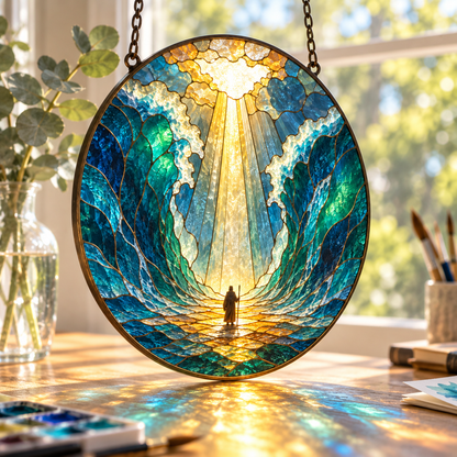Moses Parting the Red Sea Suncatcher, Biblical Stained Glass Window Decor, Exodus Christian Gift, Faith Inspired Home Ornament