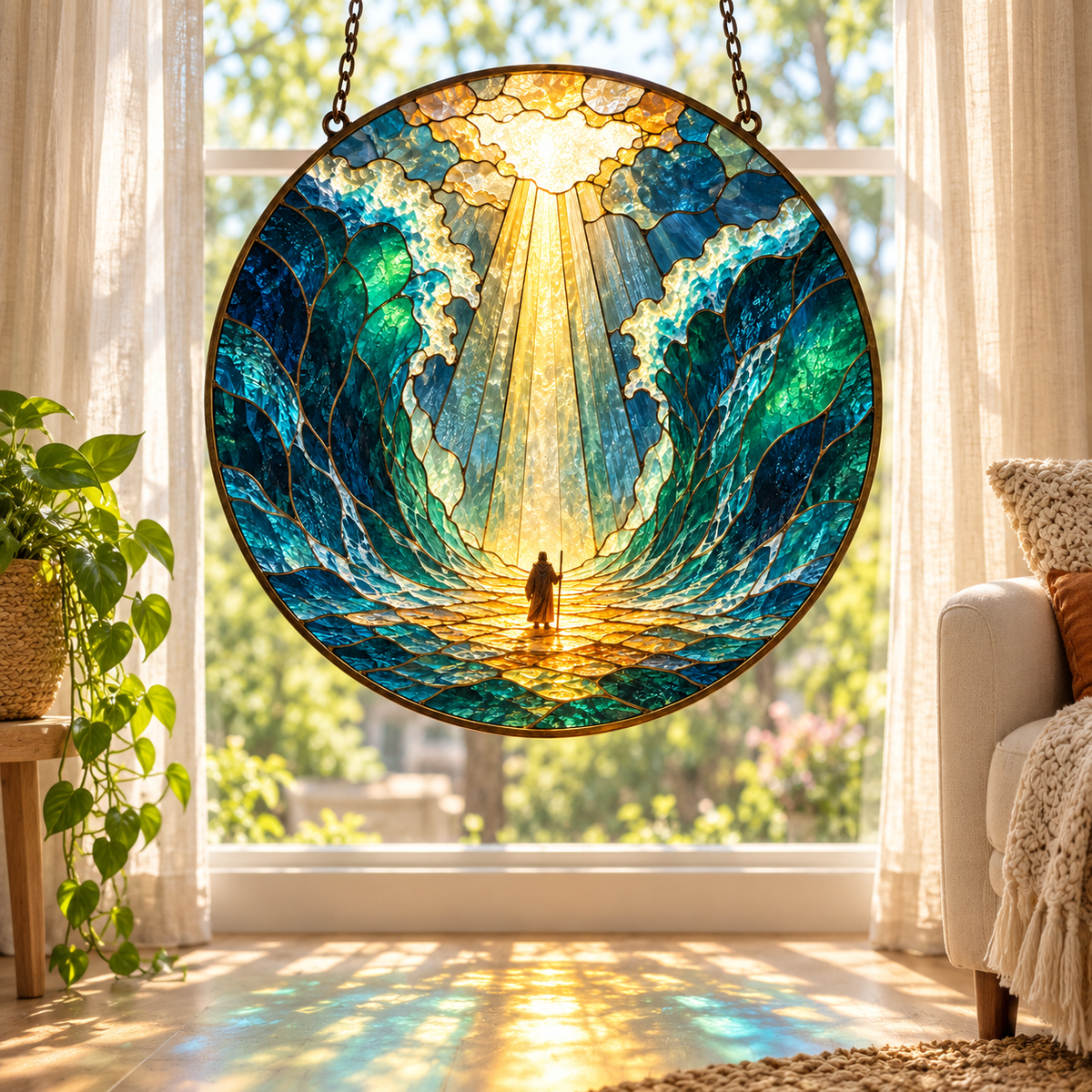 Moses Parting the Red Sea Suncatcher, Biblical Stained Glass Window Decor, Exodus Christian Gift, Faith Inspired Home Ornament