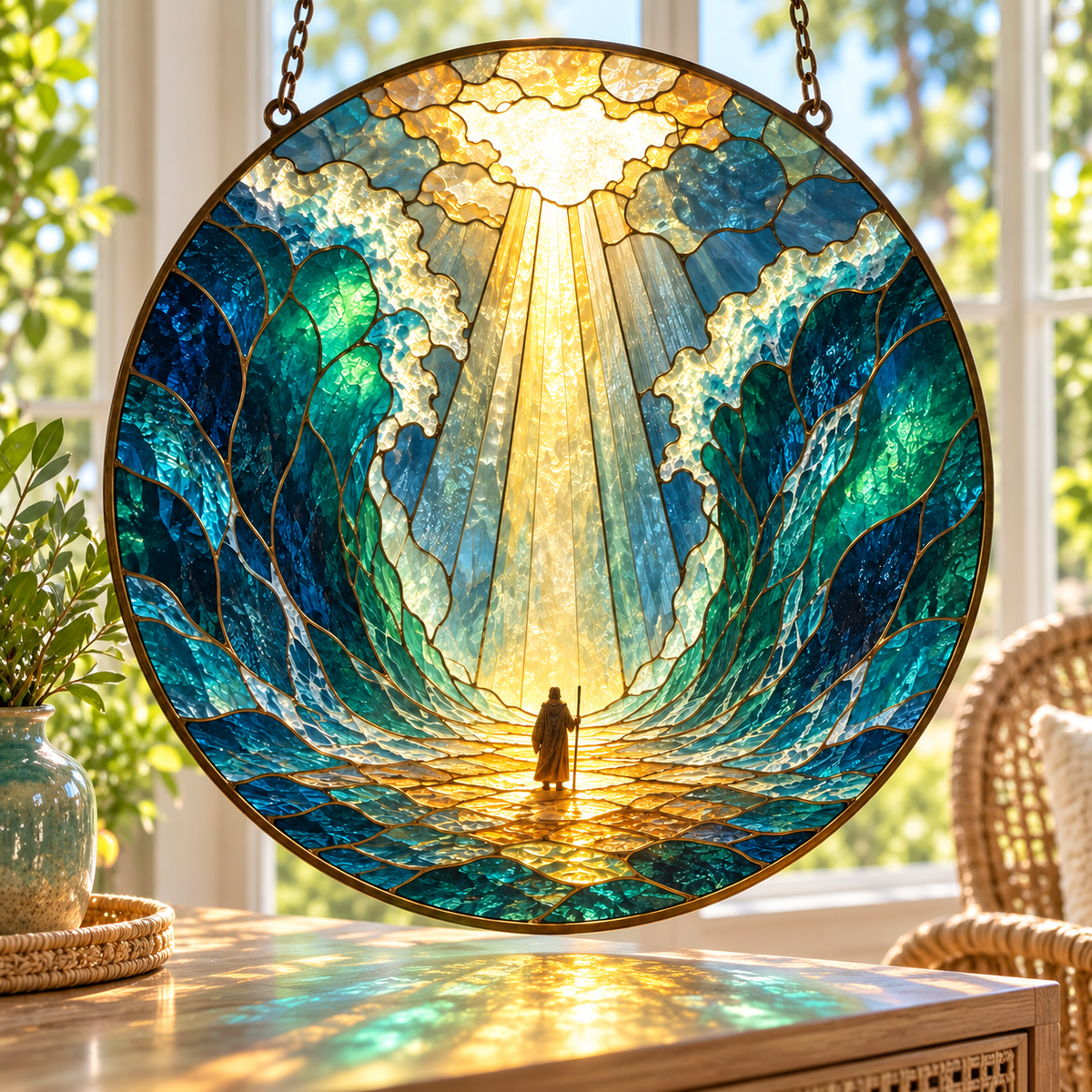 Moses Parting the Red Sea Suncatcher, Biblical Stained Glass Window Decor, Exodus Christian Gift, Faith Inspired Home Ornament