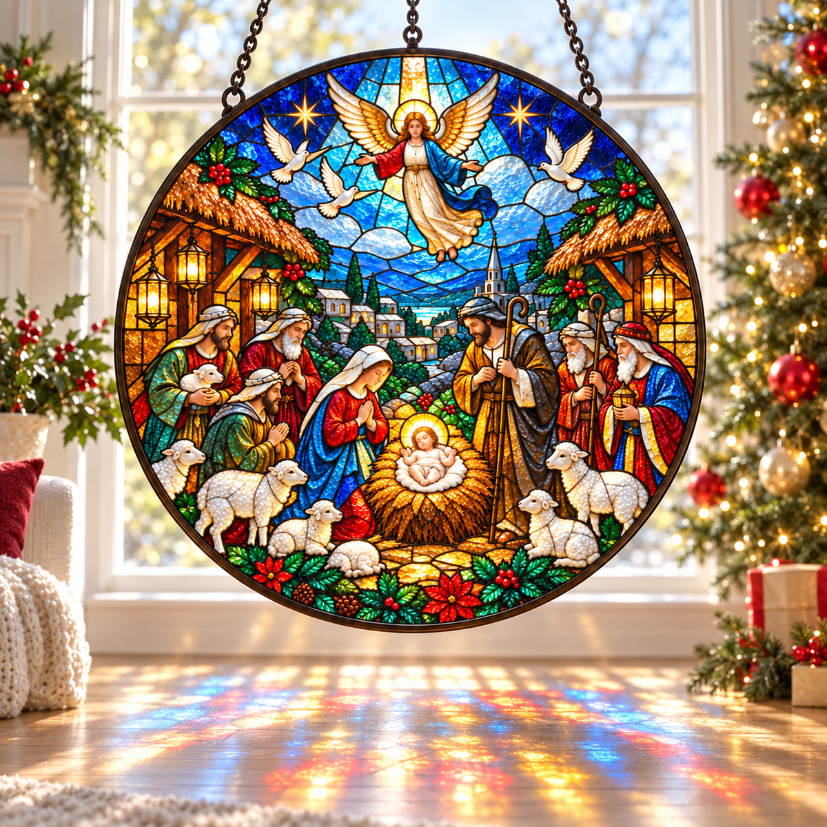 The Nativity Story Stained Glass Suncatcher, Holy Family & Shepherds Christmas Window Hanging, Christian Bethlehem Decor, Religious Gift