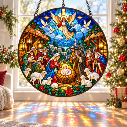 The Nativity Story Stained Glass Suncatcher, Holy Family & Shepherds Christmas Window Hanging, Christian Bethlehem Decor, Religious Gift