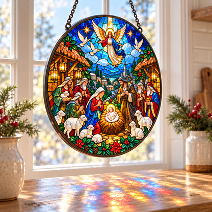 The Nativity Story Stained Glass Suncatcher, Holy Family & Shepherds Christmas Window Hanging, Christian Bethlehem Decor, Religious Gift