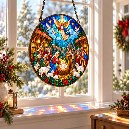 The Nativity Story Stained Glass Suncatcher, Holy Family & Shepherds Christmas Window Hanging, Christian Bethlehem Decor, Religious Gift