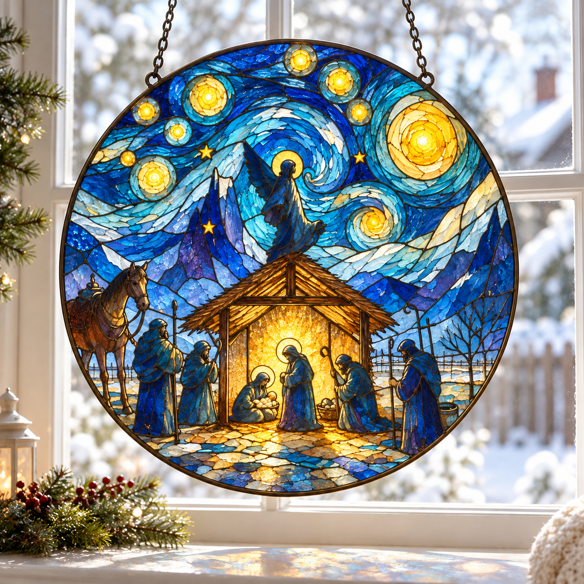 The Nativity Story Stained Glass Suncatcher, Holy Family Christmas Window Hanging, Christian Bethlehem Decor, Religious Christmas Gift