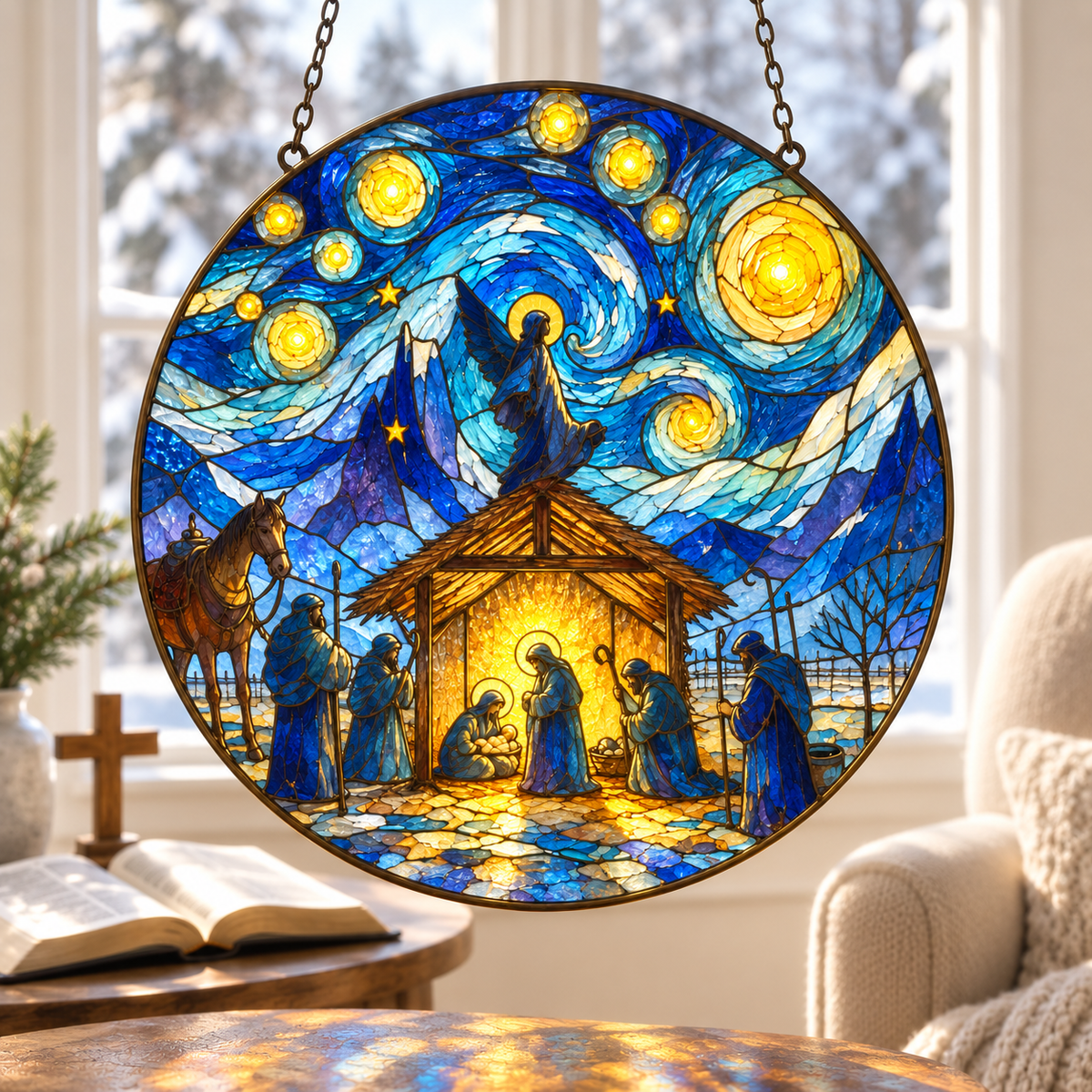 The Nativity Story Stained Glass Suncatcher, Holy Family Christmas Window Hanging, Christian Bethlehem Decor, Religious Christmas Gift