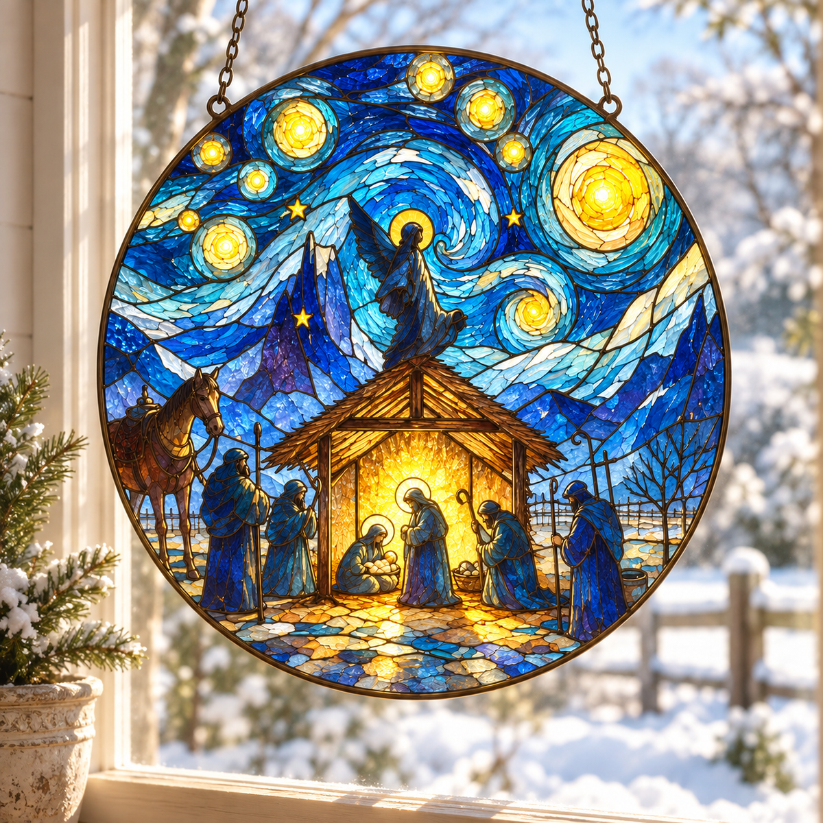 The Nativity Story Stained Glass Suncatcher, Holy Family Christmas Window Hanging, Christian Bethlehem Decor, Religious Christmas Gift
