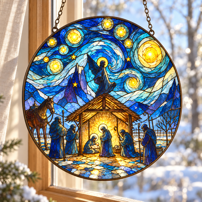 The Nativity Story Stained Glass Suncatcher, Holy Family Christmas Window Hanging, Christian Bethlehem Decor, Religious Christmas Gift