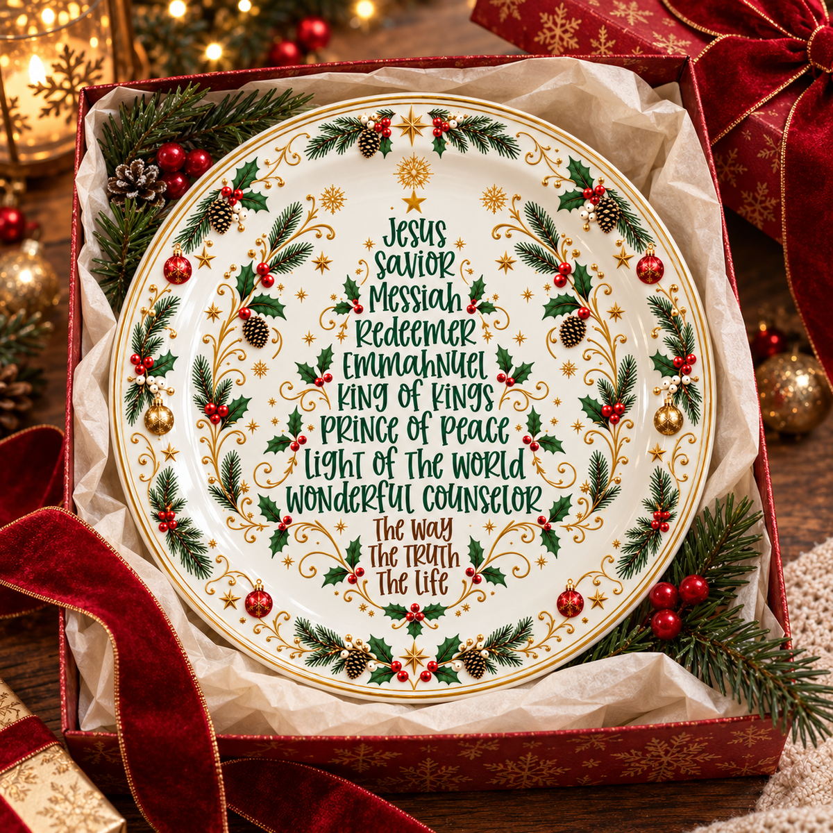 Christian Christmas Ceramic Plate – Jesus Names Decorative Plate, Religious Christmas Decor, Nativity Holiday Serving Plate, Faith-Based Christmas Gift for Family