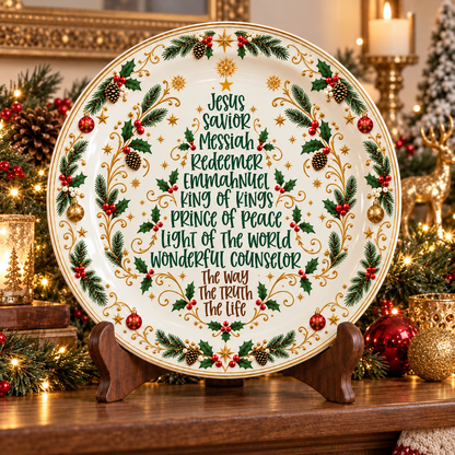 Christian Christmas Ceramic Plate – Jesus Names Decorative Plate, Religious Christmas Decor, Nativity Holiday Serving Plate, Faith-Based Christmas Gift for Family