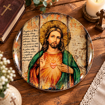 Sacred Heart of Jesus Ceramic Plate – Christian Religious Wall Decor, Catholic Jesus Portrait Plate, Biblical Scripture Gift, Faith Home Decoration