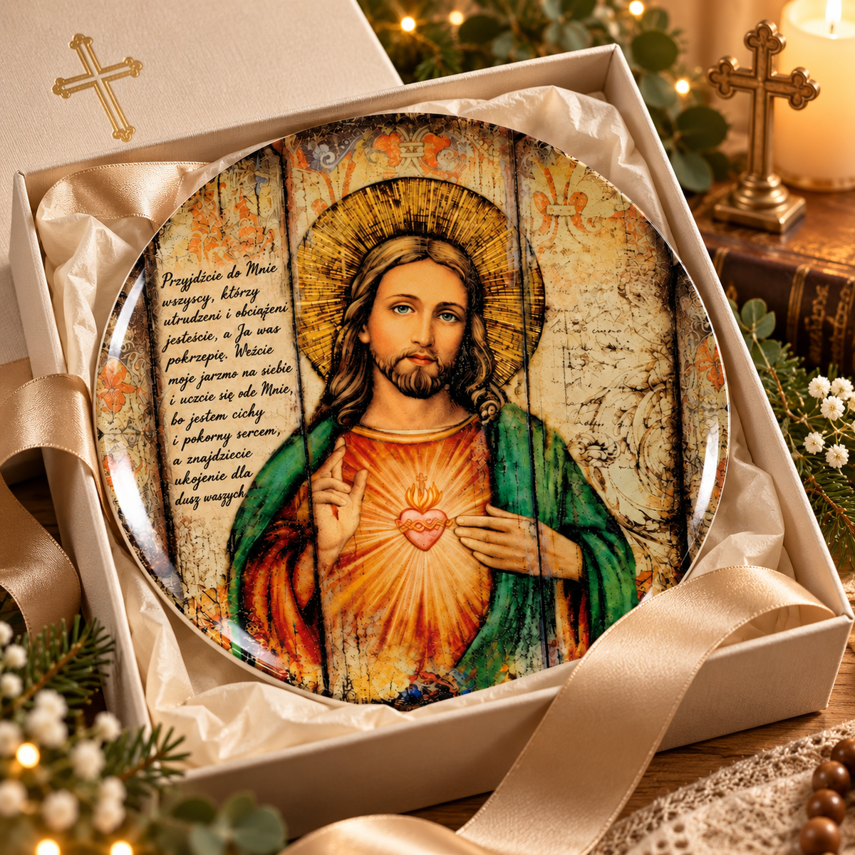 Sacred Heart of Jesus Ceramic Plate – Christian Religious Wall Decor, Catholic Jesus Portrait Plate, Biblical Scripture Gift, Faith Home Decoration