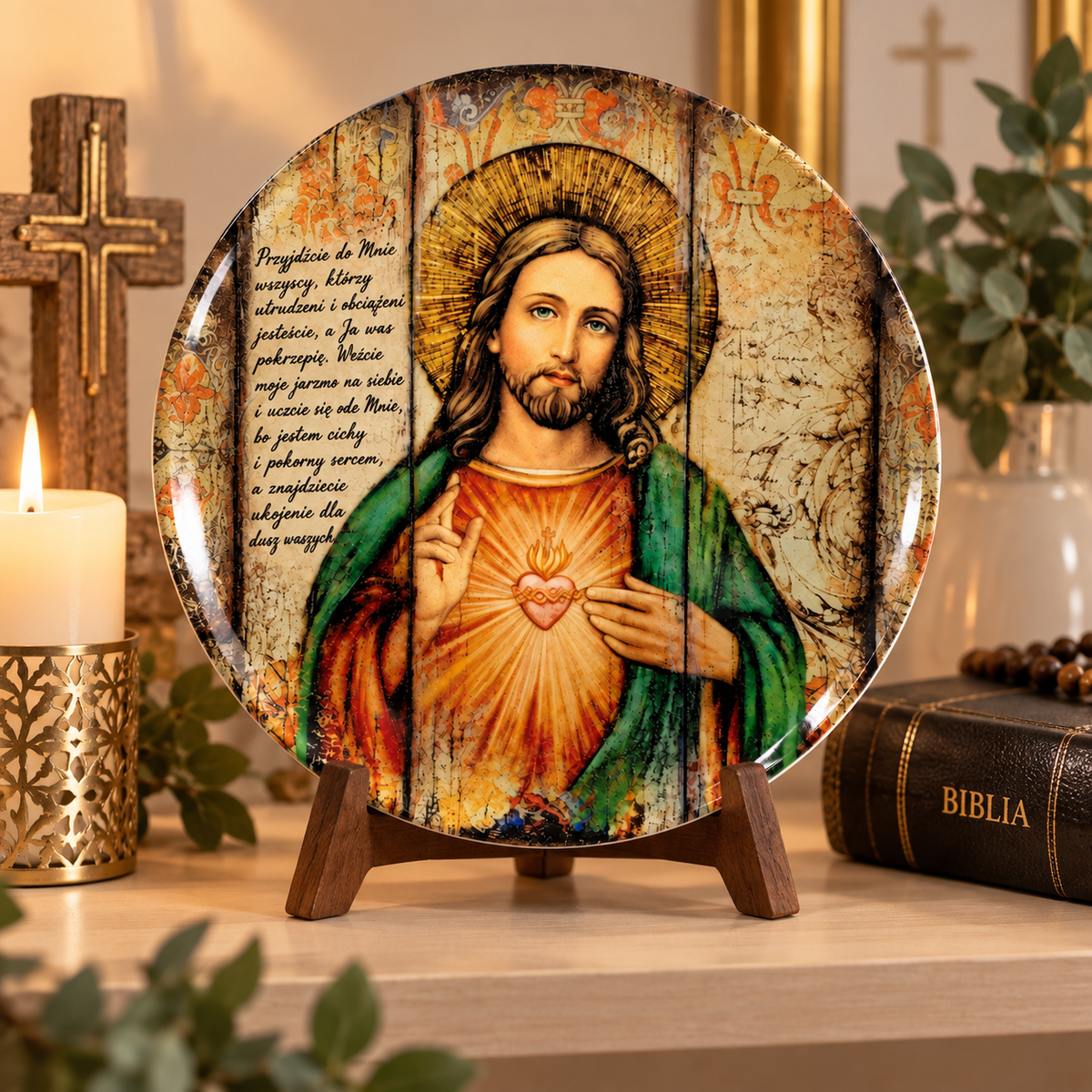 Sacred Heart of Jesus Ceramic Plate – Christian Religious Wall Decor, Catholic Jesus Portrait Plate, Biblical Scripture Gift, Faith Home Decoration