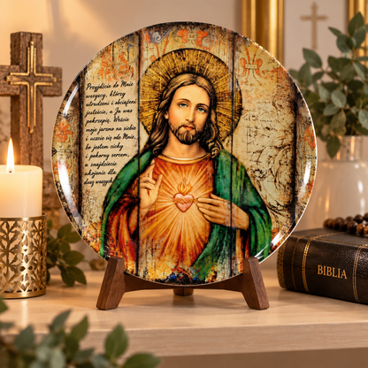 Sacred Heart of Jesus Ceramic Plate – Christian Religious Wall Decor, Catholic Jesus Portrait Plate, Biblical Scripture Gift, Faith Home Decoration