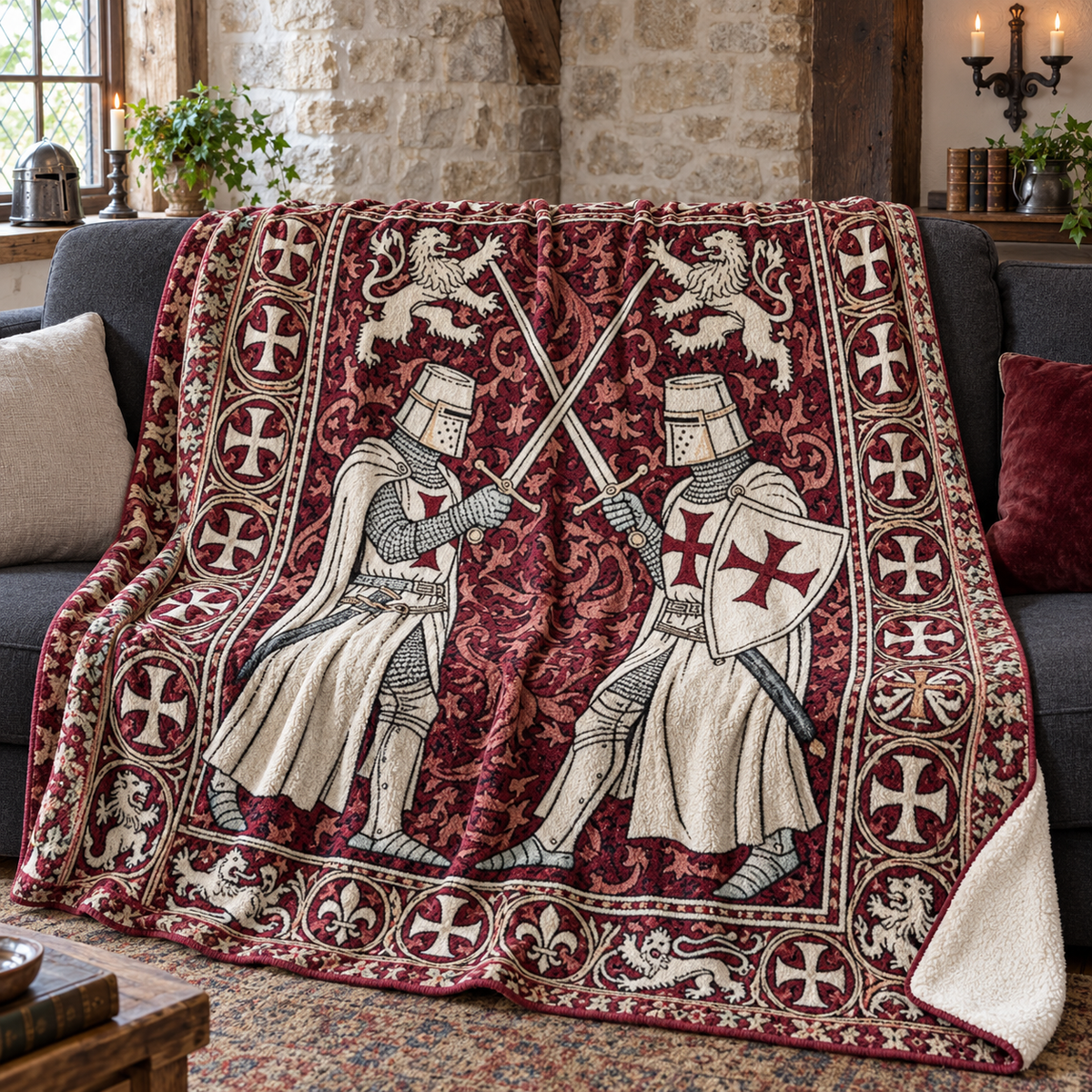 Medieval Knights Sherpa Blanket, Templar Crusader Folk Art Throw, Gothic Castle Tapestry Style Bedding, Historical Knight Gift