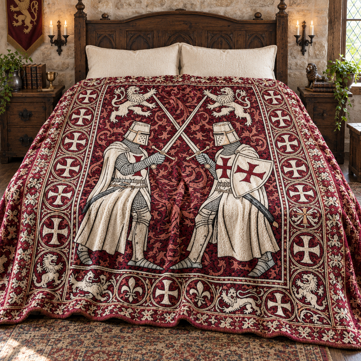 Medieval Knights Sherpa Blanket, Templar Crusader Folk Art Throw, Gothic Castle Tapestry Style Bedding, Historical Knight Gift