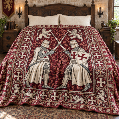Medieval Knights Sherpa Blanket, Templar Crusader Folk Art Throw, Gothic Castle Tapestry Style Bedding, Historical Knight Gift