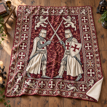 Medieval Knights Sherpa Blanket, Templar Crusader Folk Art Throw, Gothic Castle Tapestry Style Bedding, Historical Knight Gift