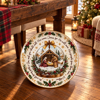 Christian Christmas Nativity Ceramic Plate – Jesus Birth Decorative Plate, Matthew 1:21 Bible Verse, Religious Christmas Decor, Christian Holiday Gift