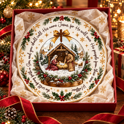 Christian Christmas Nativity Ceramic Plate – Jesus Birth Decorative Plate, Matthew 1:21 Bible Verse, Religious Christmas Decor, Christian Holiday Gift