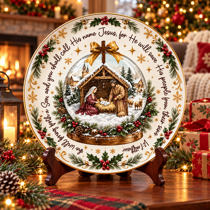 Christian Christmas Nativity Ceramic Plate – Jesus Birth Decorative Plate, Matthew 1:21 Bible Verse, Religious Christmas Decor, Christian Holiday Gift