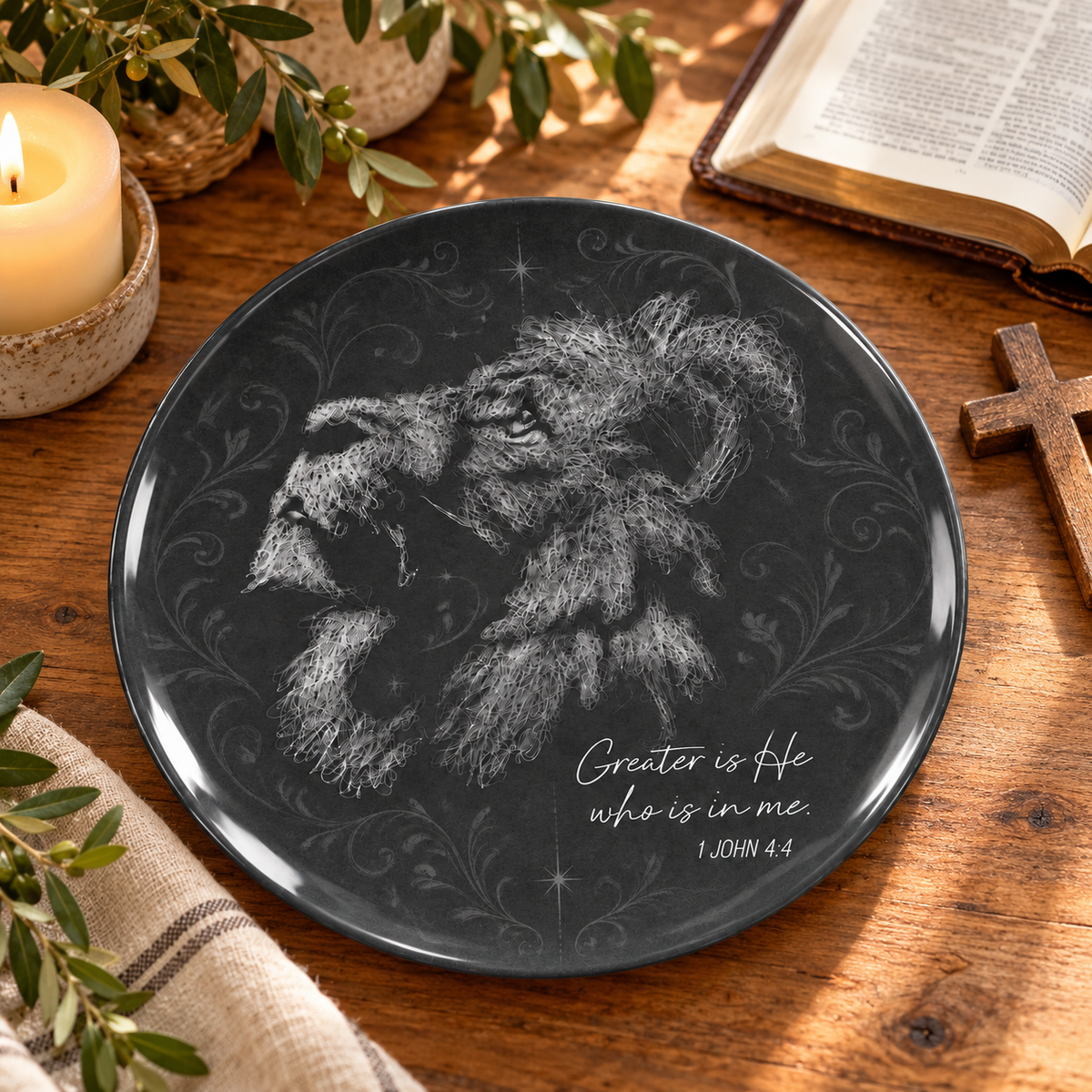 Christian Lion of Judah Ceramic Plate – Jesus Lion Sketch Art, 1 John 4:4 Bible Verse Plate, Religious Home Decor, Christian Gift for Believers