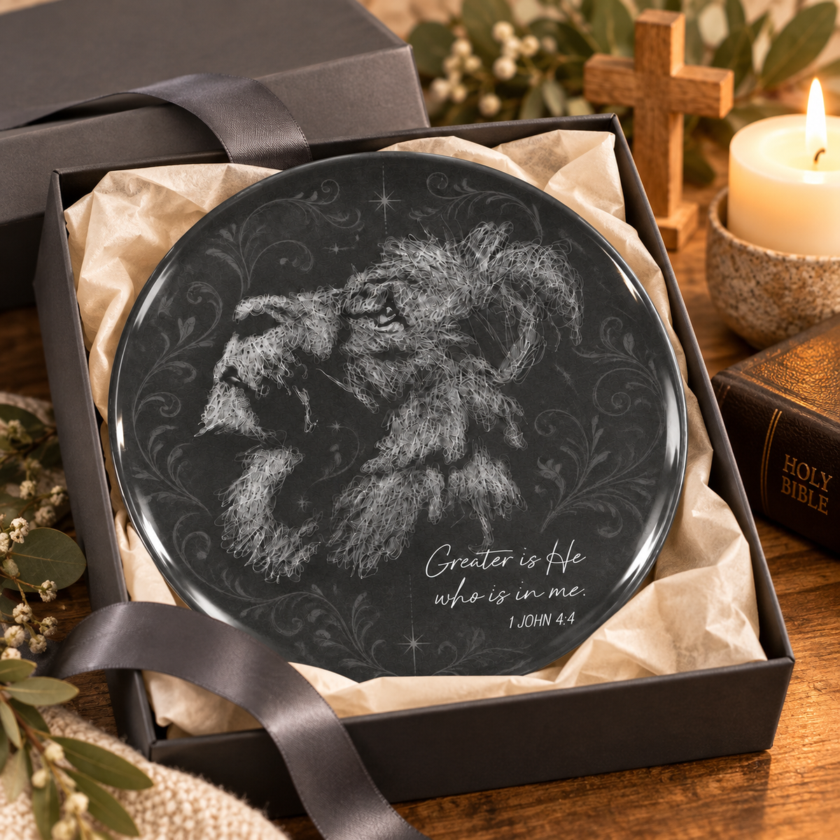 Christian Lion of Judah Ceramic Plate – Jesus Lion Sketch Art, 1 John 4:4 Bible Verse Plate, Religious Home Decor, Christian Gift for Believers