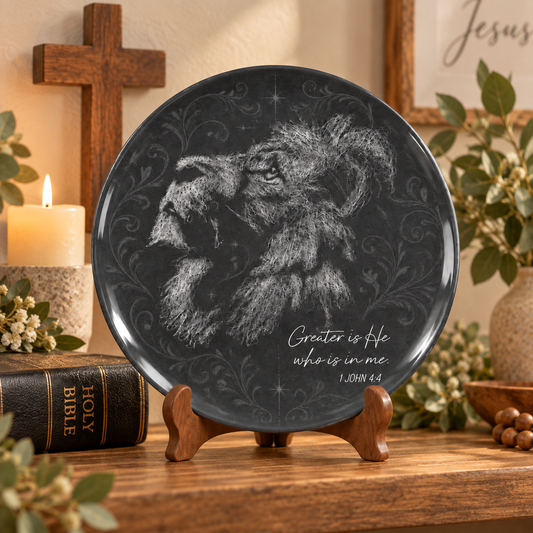 Christian Lion of Judah Ceramic Plate – Jesus Lion Sketch Art, 1 John 4:4 Bible Verse Plate, Religious Home Decor, Christian Gift for Believers