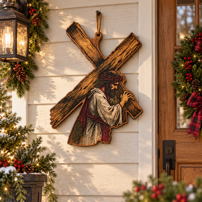 Jesus Carrying the Cross Wooden Sign – Christian Wood Wall Art, Rustic Religious Door Hanger, Faith-Based Cross Decor, Christian Gift