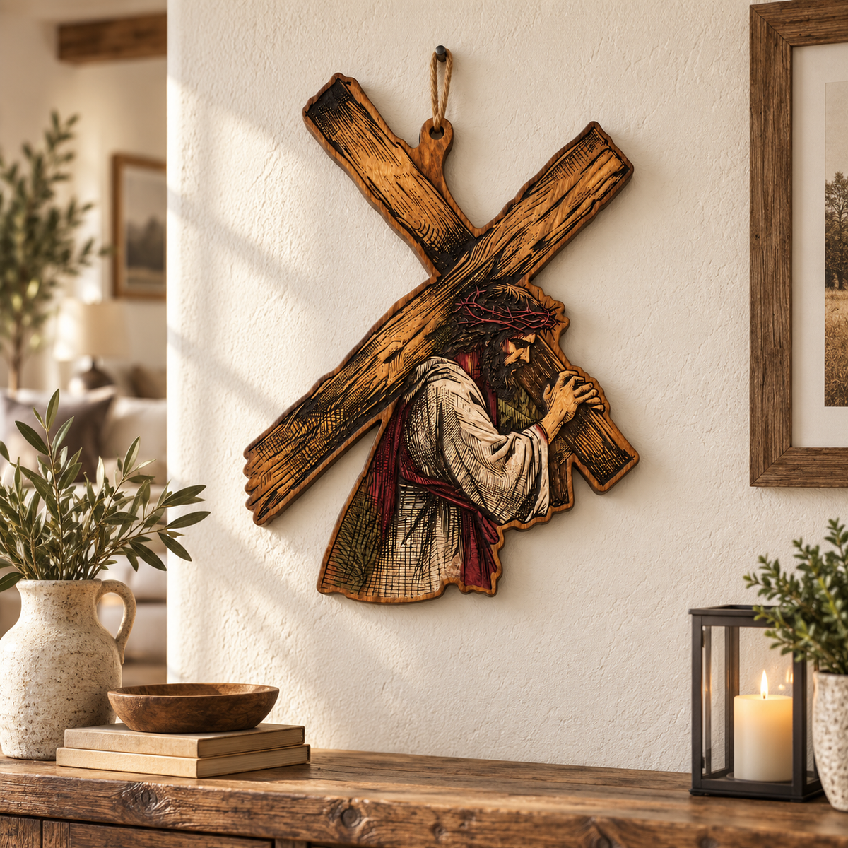 Jesus Carrying the Cross Wooden Sign – Christian Wood Wall Art, Rustic Religious Door Hanger, Faith-Based Cross Decor, Christian Gift