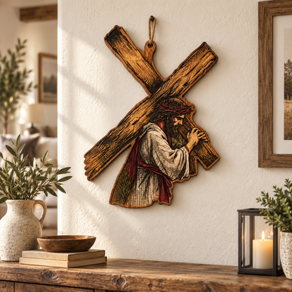 Jesus Carrying the Cross Wooden Sign – Christian Wood Wall Art, Rustic Religious Door Hanger, Faith-Based Cross Decor, Christian Gift