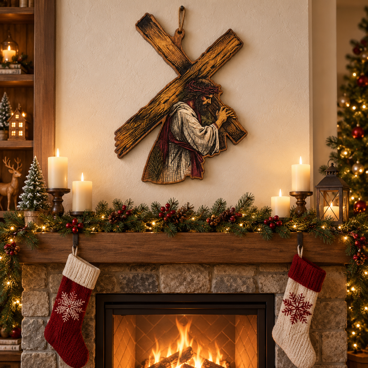 Jesus Carrying the Cross Wooden Sign – Christian Wood Wall Art, Rustic Religious Door Hanger, Faith-Based Cross Decor, Christian Gift