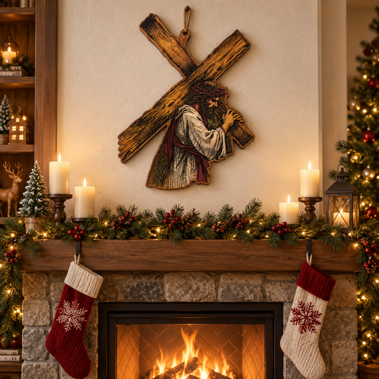 Jesus Carrying the Cross Wooden Sign – Christian Wood Wall Art, Rustic Religious Door Hanger, Faith-Based Cross Decor, Christian Gift