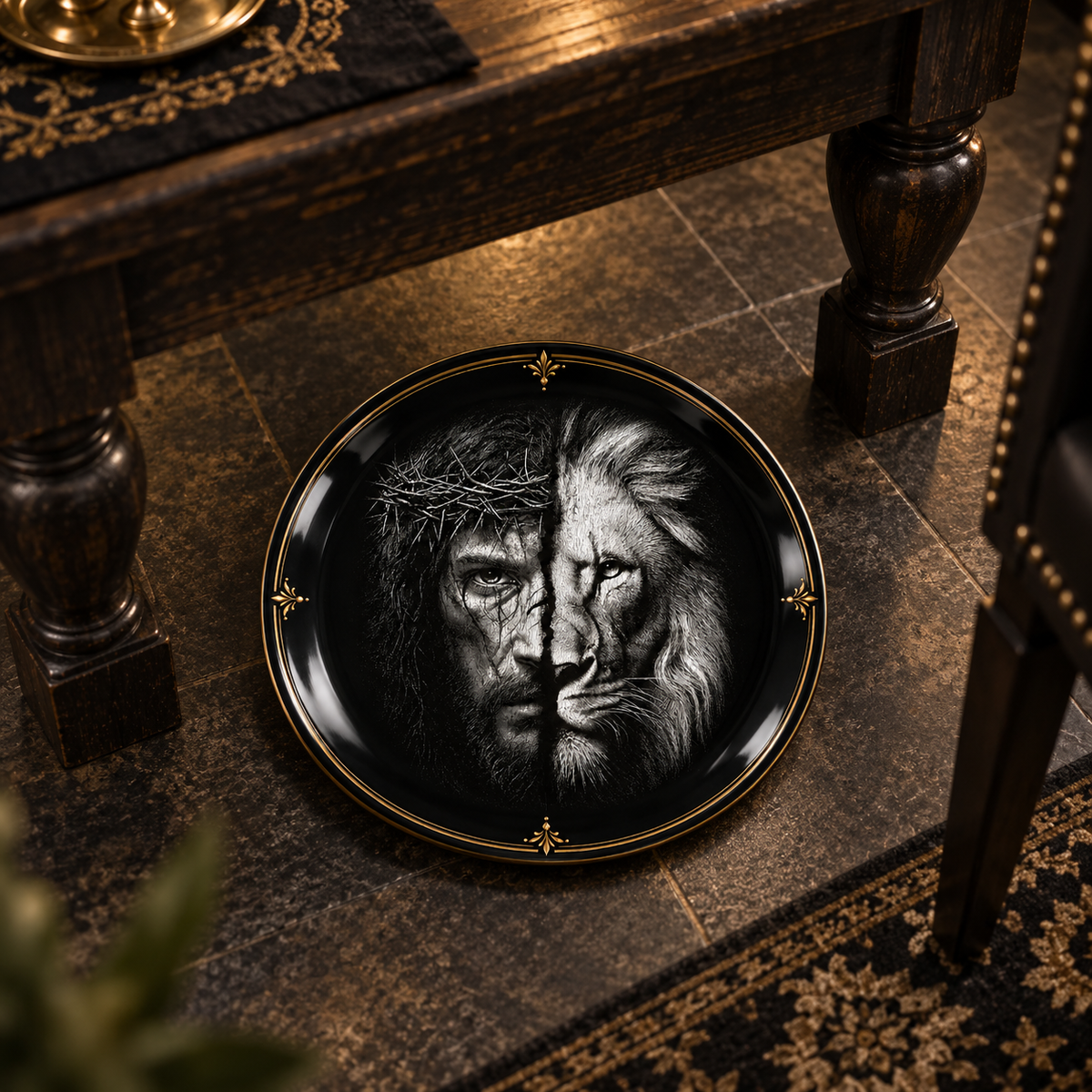 Jesus & Lion of Judah Ceramic Plate – Christian Religious Decor, Crown of Thorns Jesus Art, Lion of Judah Decorative Plate, Faith Gift