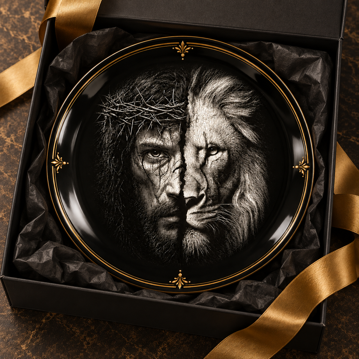Jesus & Lion of Judah Ceramic Plate – Christian Religious Decor, Crown of Thorns Jesus Art, Lion of Judah Decorative Plate, Faith Gift