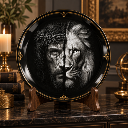 Jesus & Lion of Judah Ceramic Plate – Christian Religious Decor, Crown of Thorns Jesus Art, Lion of Judah Decorative Plate, Faith Gift