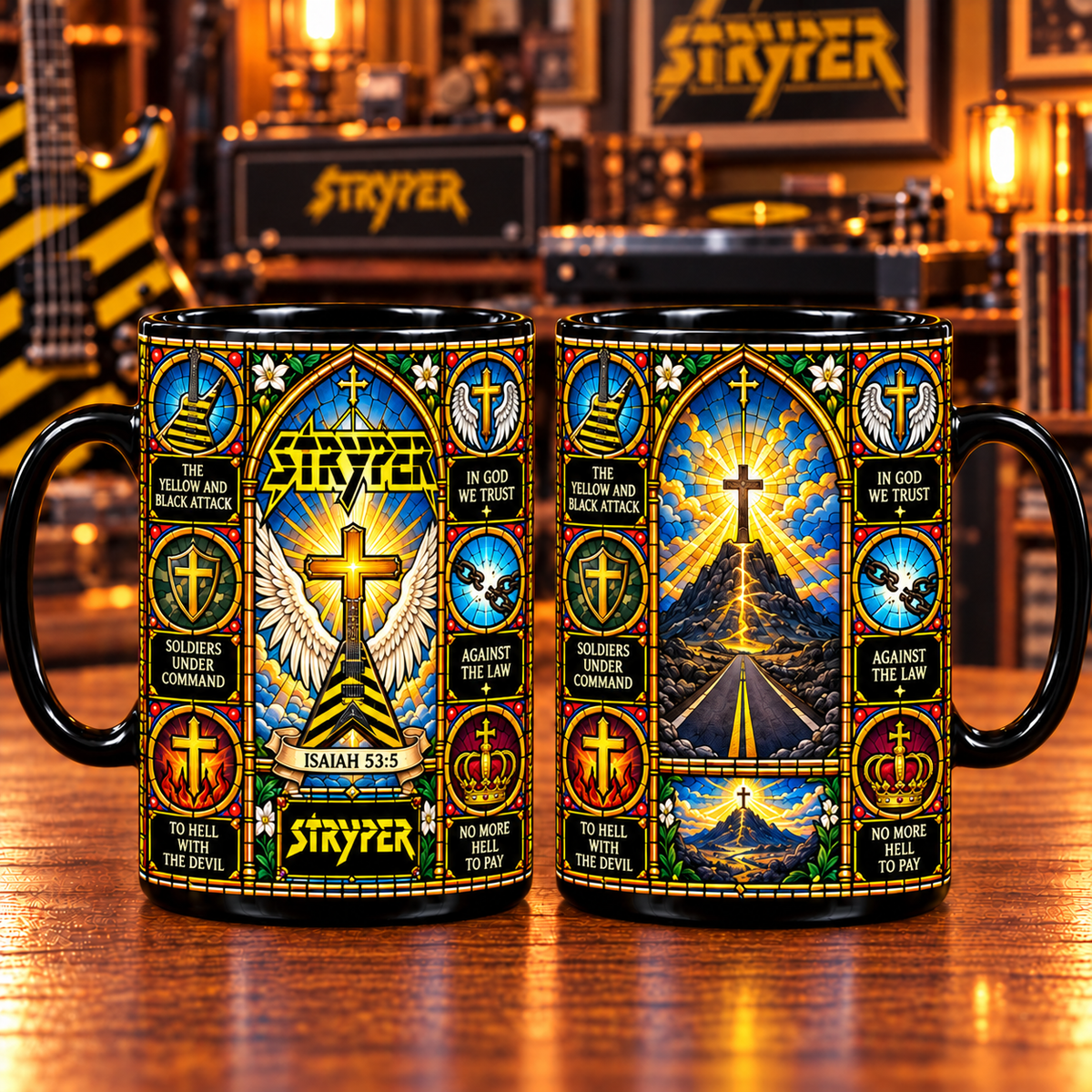Stryper Stained Glass Art Mug – Christian Metal Black Ceramic Coffee Cup,  Unique Gift for Stryper Fans