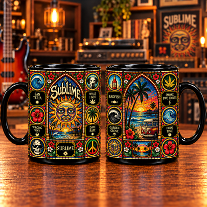 Sublime Stained Glass Art Mug – Reggae Rock Black Ceramic Coffee Cup, Santeria Inspired Double-Sided Design, Unique Gift for Sublime Fans