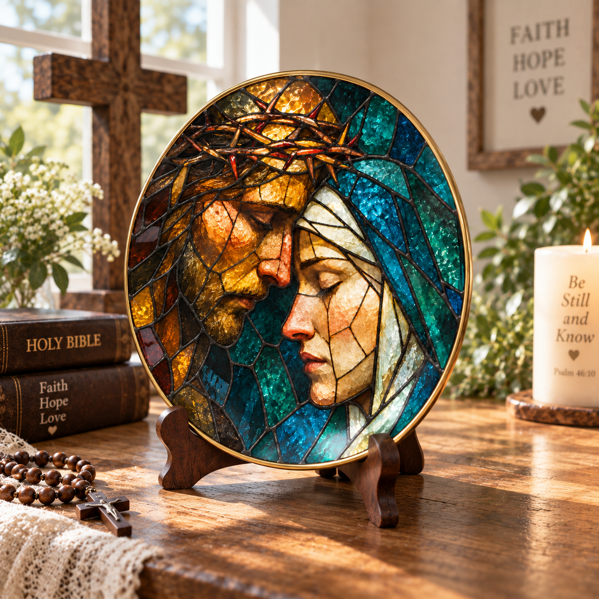Jesus & Virgin Mary Stained Glass Decorative Plate – Sacred Keepsake