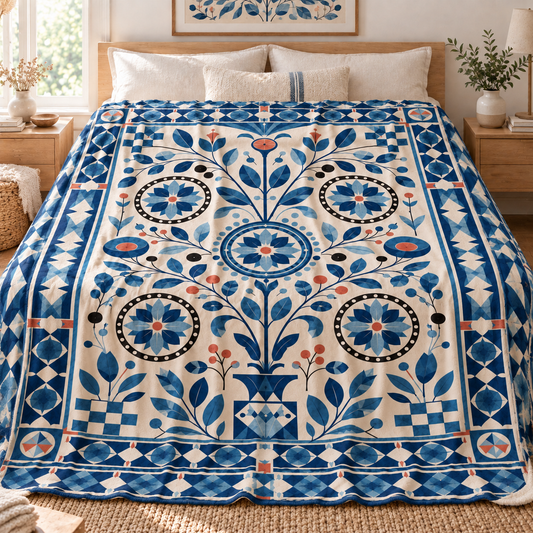 Nordic Folk Floral Sherpa Blanket, Scandinavian Blue Botanical Bedding, Vintage Folk Art Bedspread, Cozy Cottagecore Home Decor