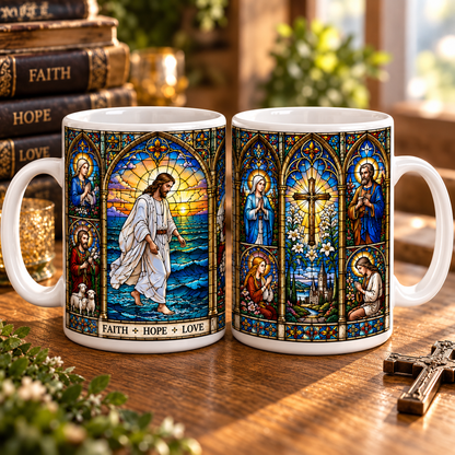 Christian Stained Glass Mug, Cross & Holy Family Coffee Cup, Religious Faith Gift, Bible Inspired Church Window Mug