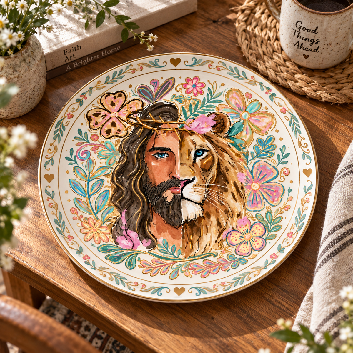 Jesus and Lion Ceramic Plate, Christian Religious Wall Art, Faith Decor