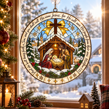 Matthew 1:21 Scripture Nativity Suncatcher | Christmas Window Decor, Christian Christmas Gift