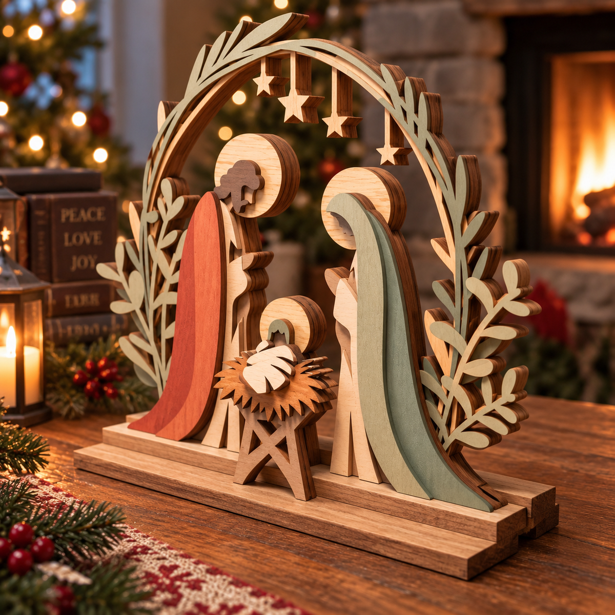 3D Layered Wooden Nativity Scene Plaque – Holy Family Tabletop Decor, Rustic Christian Christmas Home Decor