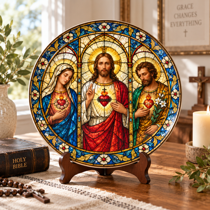 Holy Family Stained Glass Plate | Sacred Heart Jesus Mary Joseph Decor
