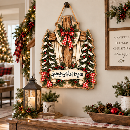 Jesus Is the Reason Christmas Wooden Sign – Christian Christmas Door Sign, Religious Front Door Decor, Rustic Holiday Wreath, Faith Christmas Gift