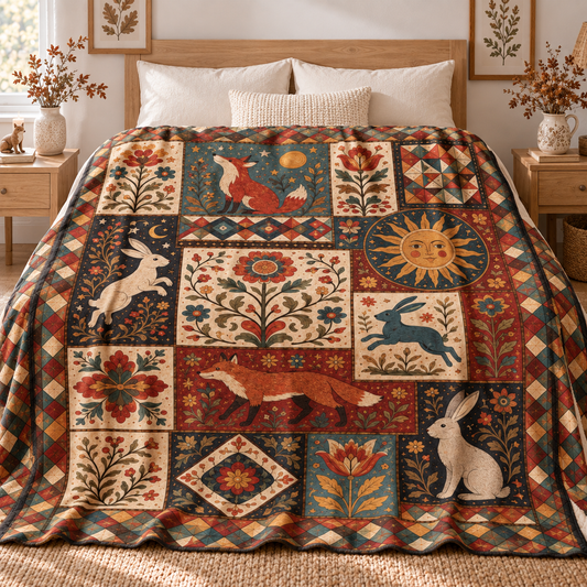 Nordic Folk Sherpa Blanket, Scandinavian Fox & Rabbit Floral Throw, Vintage Folk Art Woodland Blanket, Cozy Cottagecore Bedding